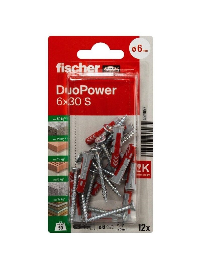 Kaištis Fischer DuoPower, 30 mm x 6 mm, 12 vnt. 1 Kaištis Fischer DuoPower, 30 mm x 6 mm, 12 vnt. 1