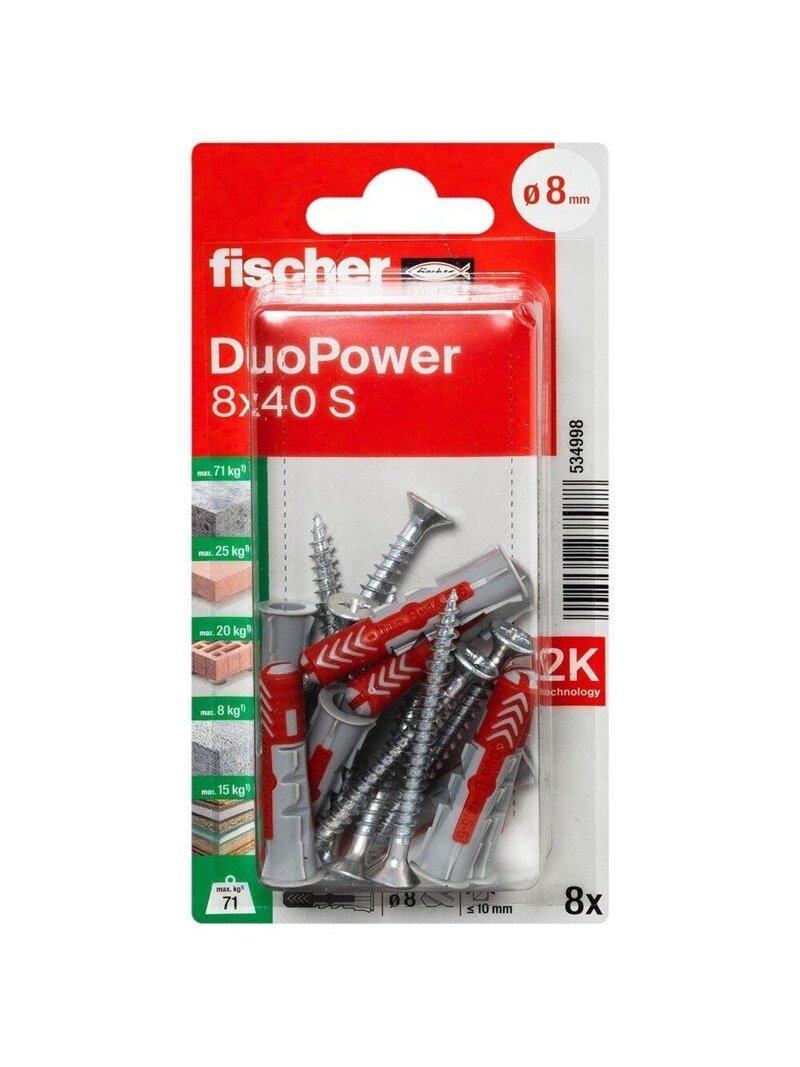 Kaištis Fischer DuoPower, 40 mm x 8 mm, 8 vnt. 1 Kaištis Fischer DuoPower, 40 mm x 8 mm, 8 vnt. 1