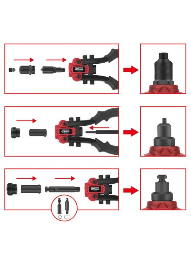 Kniediklis užtraukiamoms ir veržlinėms kniedėms, komplektas1, KS Tools 3 Kniediklis užtraukiamoms ir veržlinėms kniedėms, komplektas1, KS Tools 3