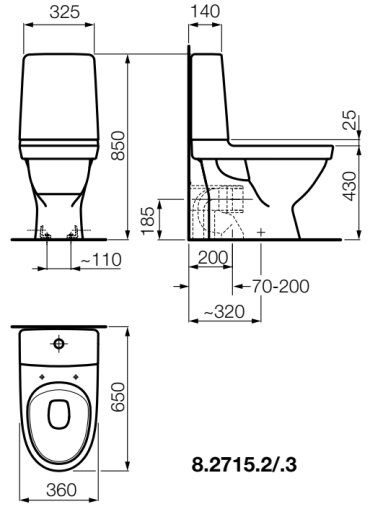 Kombinuotas unitazas KOMPAS Rimless, horizontalus nuotakas, 4,5/3 ltr. (650x360x850 mm) baltas