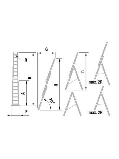 Kopėčios aliuminės, atremiamos, ištraukiamos, (laiptams) 3dalių EUROSTYL | 3x9 pakopų 258-569cm.