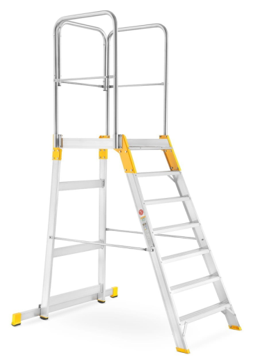 Kopėčios aliuminės, su darbine aikštele: 56x77cm FORTE | 7 pakopų 147-249cm su porankiais