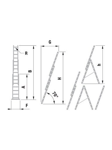 Kopėčios aliuminės, universalios, dvipusės, ištraukiamos 3 dalių FORTE | 3x14 pakopų 412-1034cm