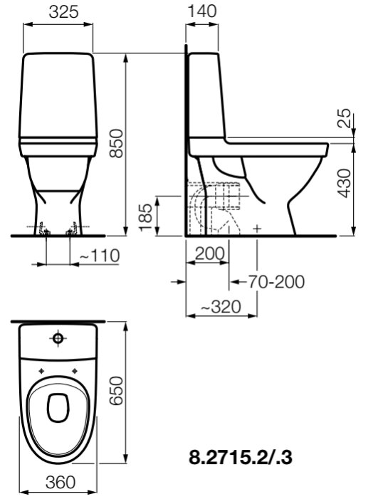 Kombinuotas unitazas KOMPAS Rimless, horizontalus nuotakas, 4,5/3 ltr. (650x360x850 mm) baltas 1 Kombinuotas unitazas KOMPAS Rimless, horizontalus nuotakas, 4,5/3 ltr. (650x360x850 mm) baltas 1
