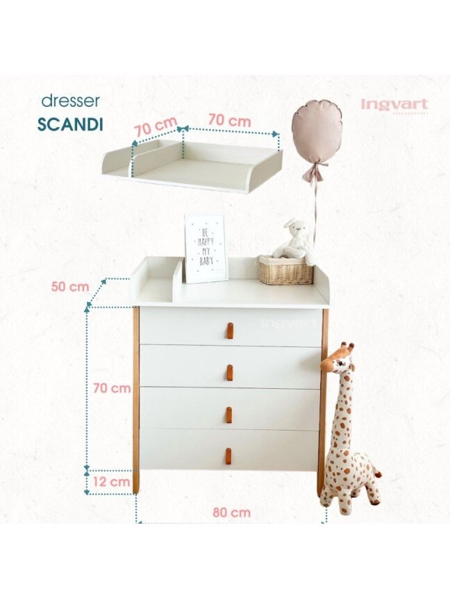 Komoda Su Nuimama Persirengimo Lenta 2-in-1 Ingvart Scandi, 85x80x50cm, Balta/Natūrali Spalva 2