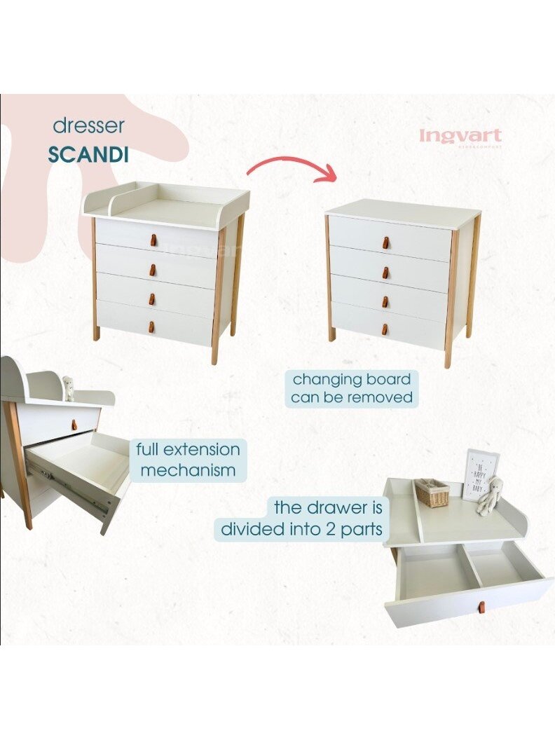 Komoda Su Nuimama Persirengimo Lenta 2-in-1 Ingvart Scandi, 85x80x50cm, Balta/Natūrali Spalva 4
