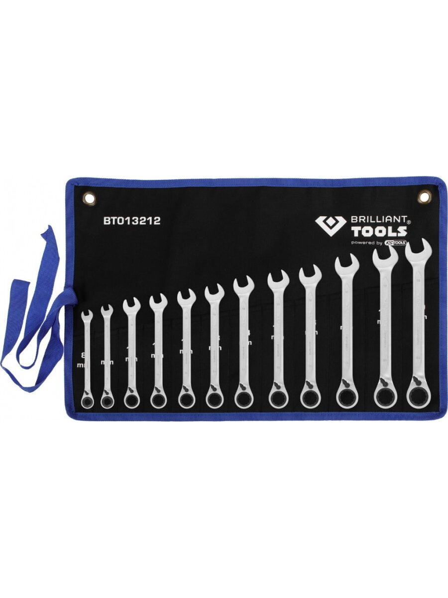 Kombinuotų terkšlinių raktų su reversu komplektas 8-19mm, 12, Brilliant Tools 1 Kombinuotų terkšlinių raktų su reversu komplektas 8-19mm, 12, Brilliant Tools 1