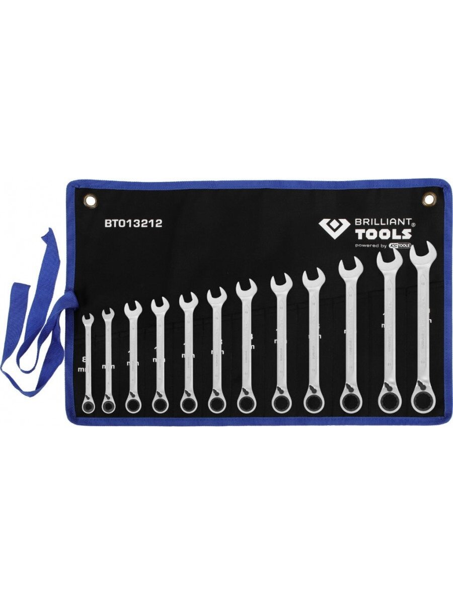 Kombinuotų terkšlinių raktų su reversu komplektas 8-19mm, 12, Brilliant Tools