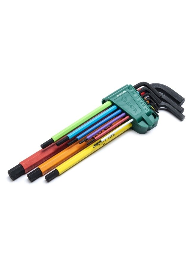 ⬡ L formos rankenos šešiabriaunis raktas ypač ilgas spalvotas su rutuliniu galu rinkinys 9 vnt. (1,5-10 mm) (ST09107CHBSJ, SATA) ⬡ L formos rankenos šešiabriaunis raktas ypač ilgas spalvotas su rutuliniu galu rinkinys 9 vnt. (1,5-10 mm) (ST09107CHBSJ, SATA)