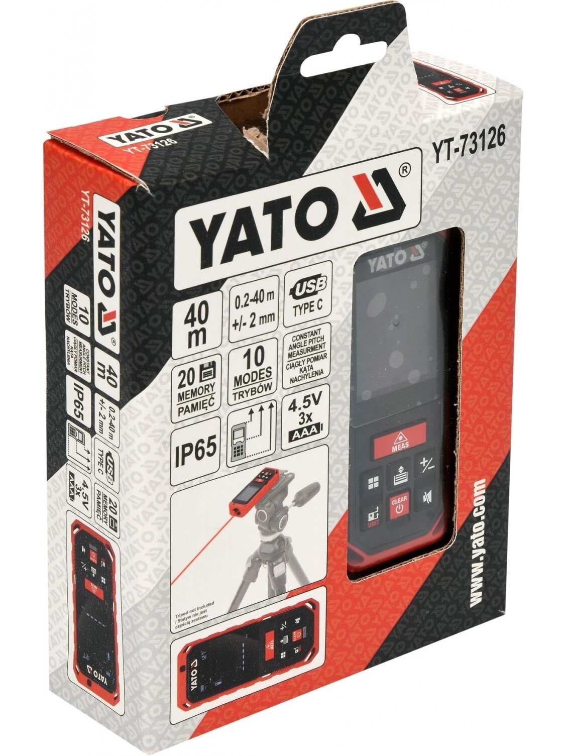 Lazeris atstumui matuoti 0,2-40 m, +/-2mm Yato 3 Lazeris atstumui matuoti 0,2-40 m, +/-2mm Yato 3