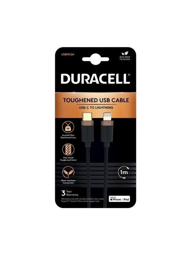 Laidas Duracell USB9012A, Lightning/USB-C, 1 m, pilka Laidas Duracell USB9012A, Lightning/USB-C, 1 m, pilka