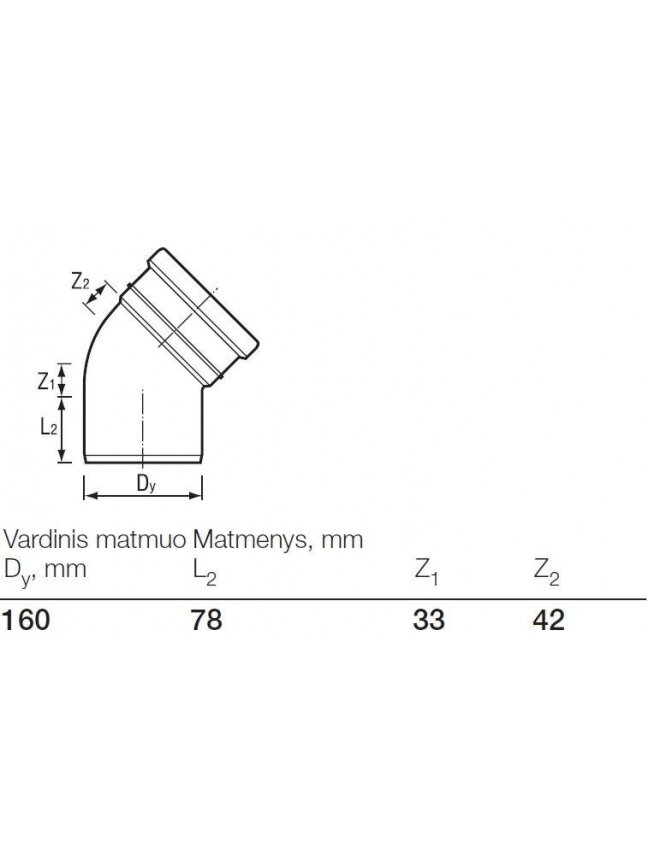 Lauko kanalizacijos alkūnė Wavin, Ø 160 mm, 45° 2