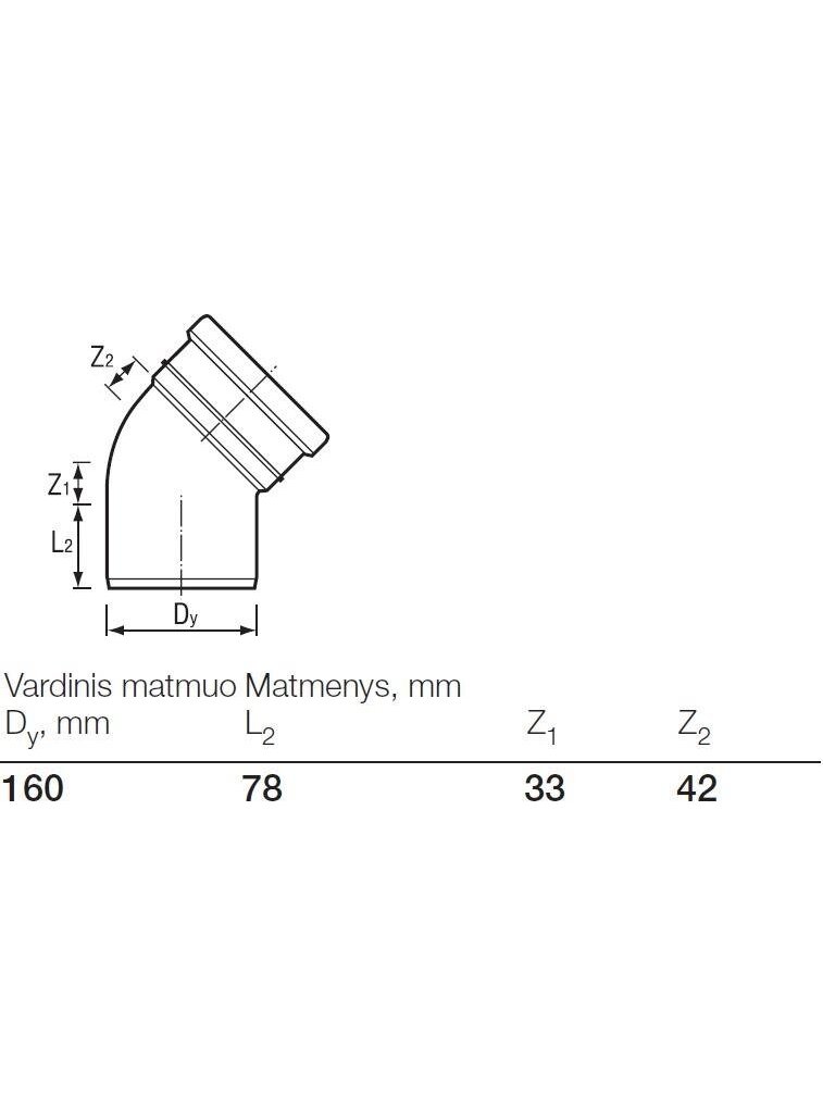 Lauko kanalizacijos alkūnė Wavin, Ø 160 mm, 45° 2