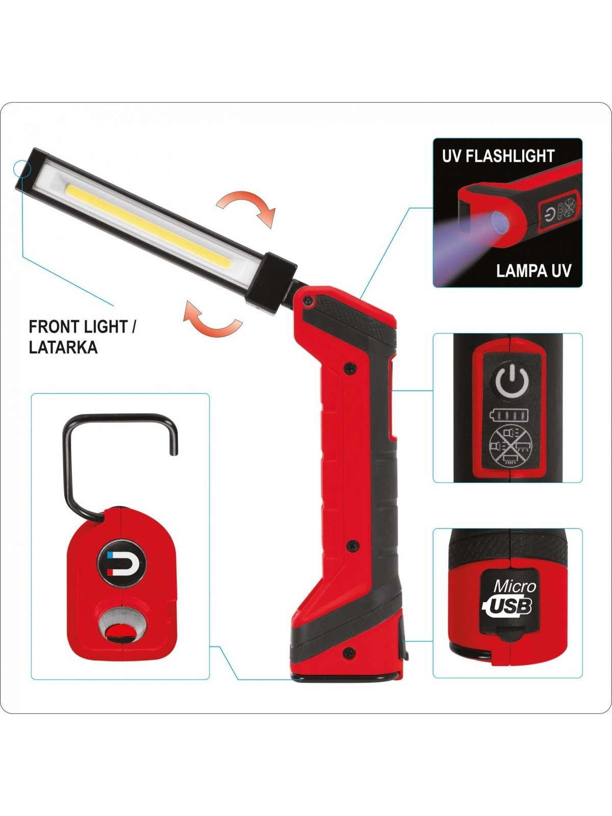 Lempa dirbtuvėms akumuliatorinė LED 5W COB, 500LM + 40LM, UV Yato