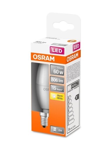 LED lempa Osram B40, 7.5W, E14, 2700K, 806lm matinė