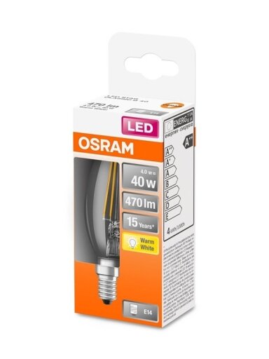 LED lemputė Osram Filamentinė, B35, 4W, E14, 2700K, 470lm