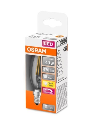 LED lemputė Osram Filamentinė, B35, 5W, E14, 827, 470lm, dim