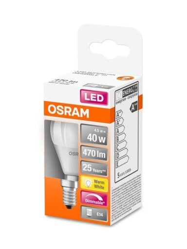 LED lemputė Osram, P45, 4.5W, E14, 827, 470lm, dim, mat