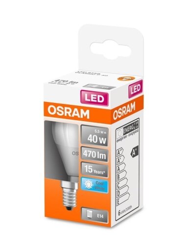 LED lemputė Osram, P45, 5.5W, E14, 4000K, 470lm, matinė