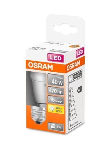 LED lemputė OSRAM, P45, E27, 5,5 W, 470 lm, 2700 K