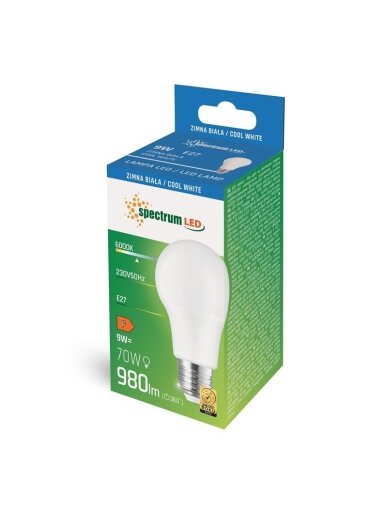 Lemputė Spectrum LED, E27 A60 9W 3000K 820LM PL