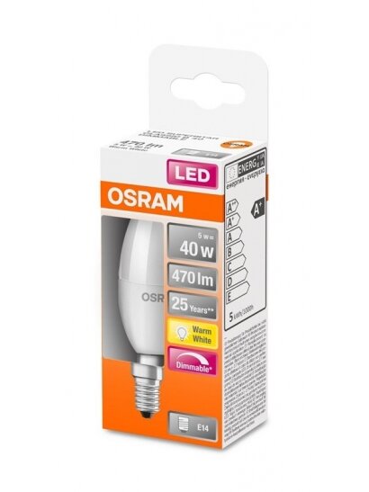 LED lemputė Osram, B35, 5W, E14, 827, 470lm, dim, mat 1 LED lemputė Osram, B35, 5W, E14, 827, 470lm, dim, mat 1