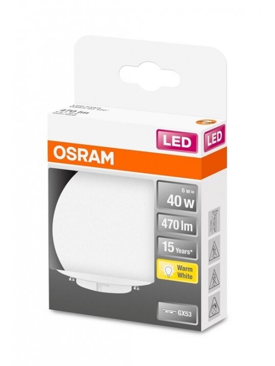 LED lemputė Osram, GX53, 120°, 6W, 2700K, 470lm, matinė 1 LED lemputė Osram, GX53, 120°, 6W, 2700K, 470lm, matinė 1