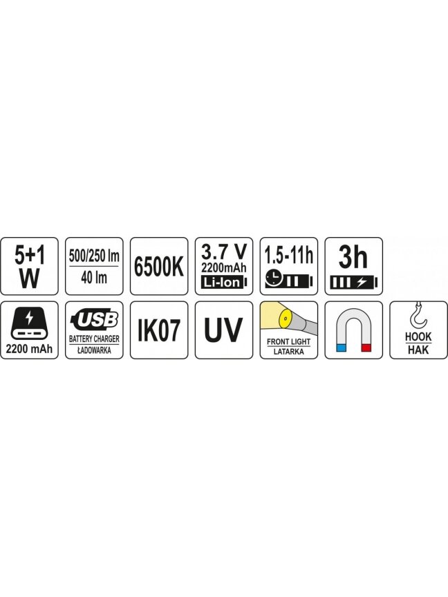 Lempa dirbtuvėms akumuliatorinė LED 5W COB, 500LM + 40LM, UV Yato 5