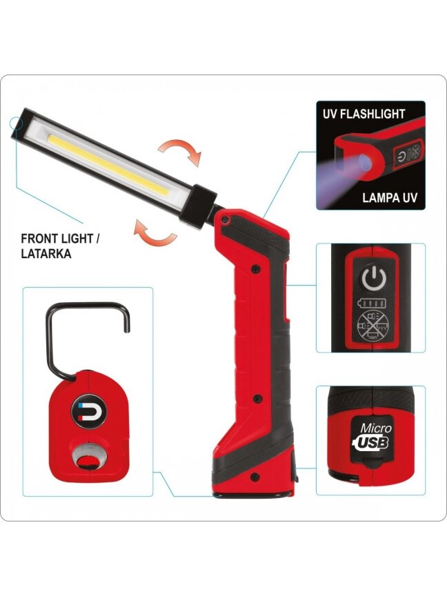 Lempa dirbtuvėms akumuliatorinė LED 5W COB, 500LM + 40LM, UV Yato