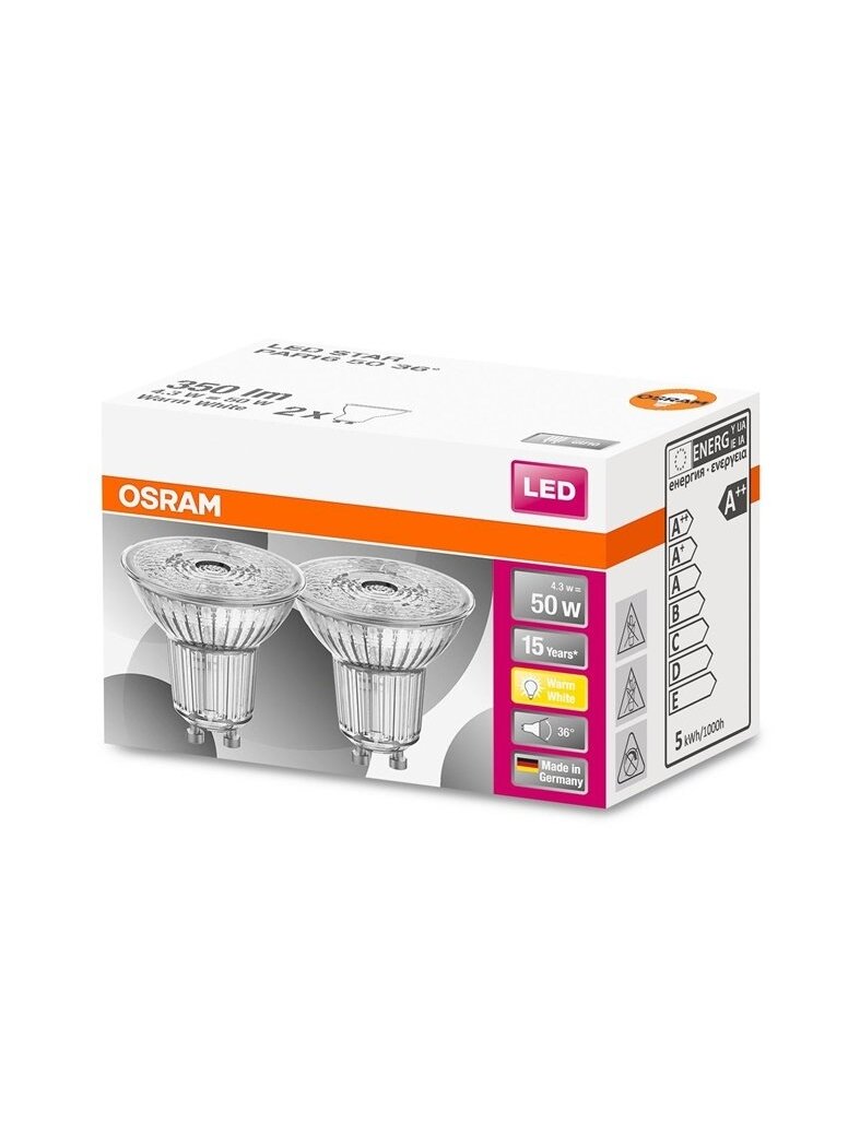 LED lemputė Osram, PAR16 36°, 4.3W, GU10, 827, 350lm x 2 vnt 1 LED lemputė Osram, PAR16 36°, 4.3W, GU10, 827, 350lm x 2 vnt 1