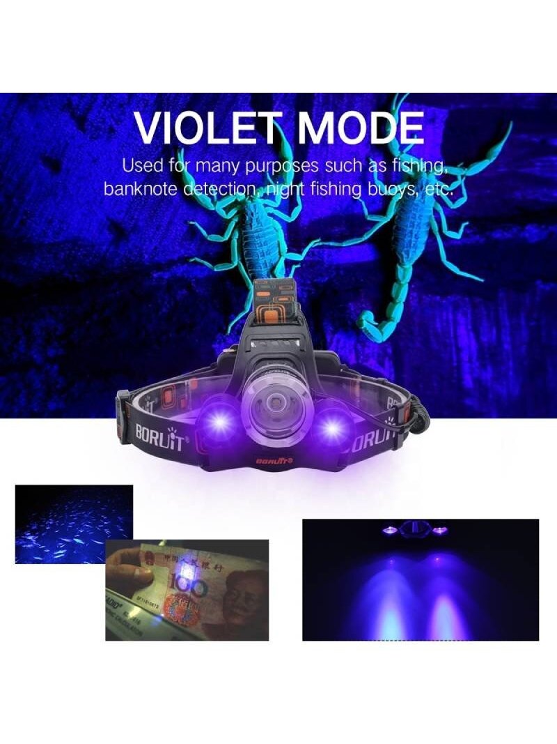 LED Žibintas Ant Galvos BORUIT RJ-3000 UV Ir Balta Šviesa 4