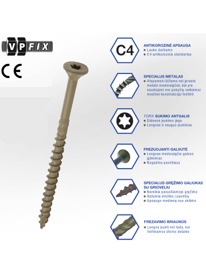 Medsraigtis įleidžiama TORX galva 4x50/30-C4 TORX OD, VPFIX, (lauk. d.), 200vnt. 1 Medsraigtis įleidžiama TORX galva 4x50/30-C4 TORX OD, VPFIX, (lauk. d.), 200vnt. 1