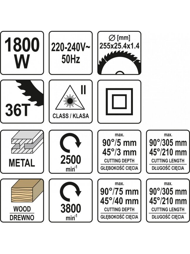 Metalo ir medžio pjovimo staklės 1800W 255mm, 2 bėgiai, padavimo funkcija Yato 7