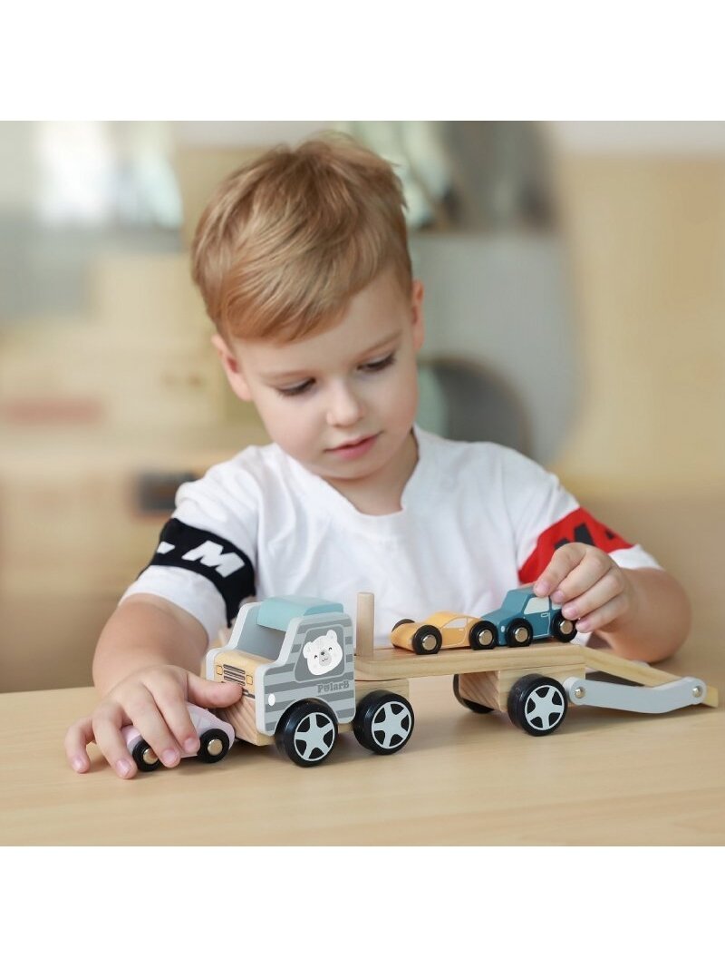 Medinis Vilkikas Su Žaisliniais Automobiliais VIGA PolarB Montessori 13
