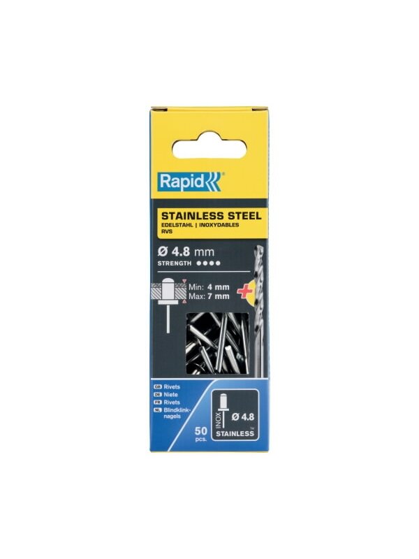 Nerūdijančio plieno kniedės 4,8x10mm 50vnt + Drill C, Rapid 2