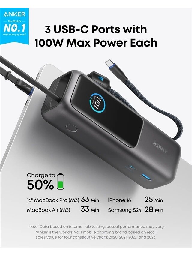 Nešiojamas įkroviklis Anker A1695H11, 25000 mAh, 100W, pilka 1 Nešiojamas įkroviklis Anker A1695H11, 25000 mAh, 100W, pilka 1