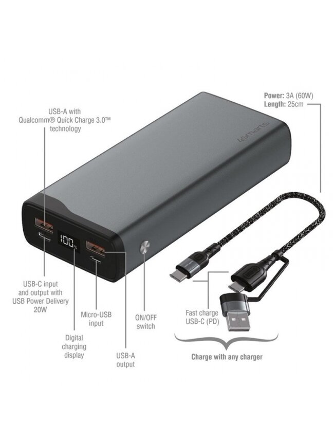 Nešiojamas įkroviklis 4smarts, 20000 mAh 22.5W, juoda 1 Nešiojamas įkroviklis 4smarts, 20000 mAh 22.5W, juoda 1