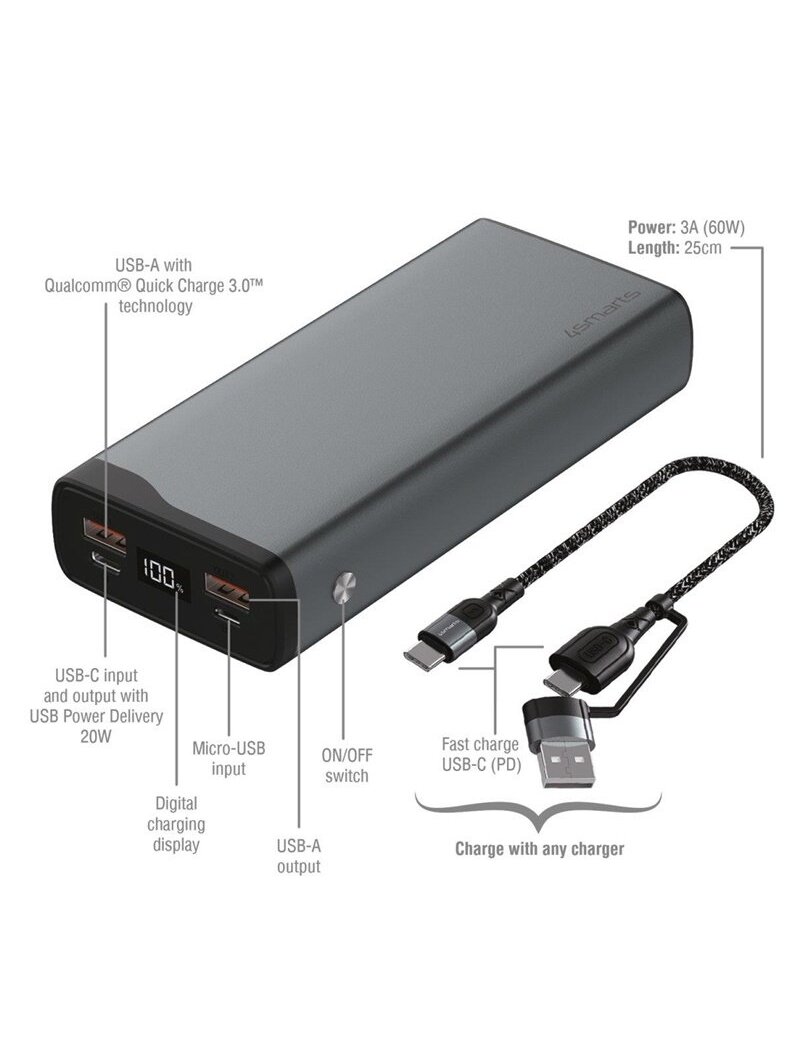Nešiojamas įkroviklis 4smarts, 20000 mAh 22.5W, juoda 1 Nešiojamas įkroviklis 4smarts, 20000 mAh 22.5W, juoda 1