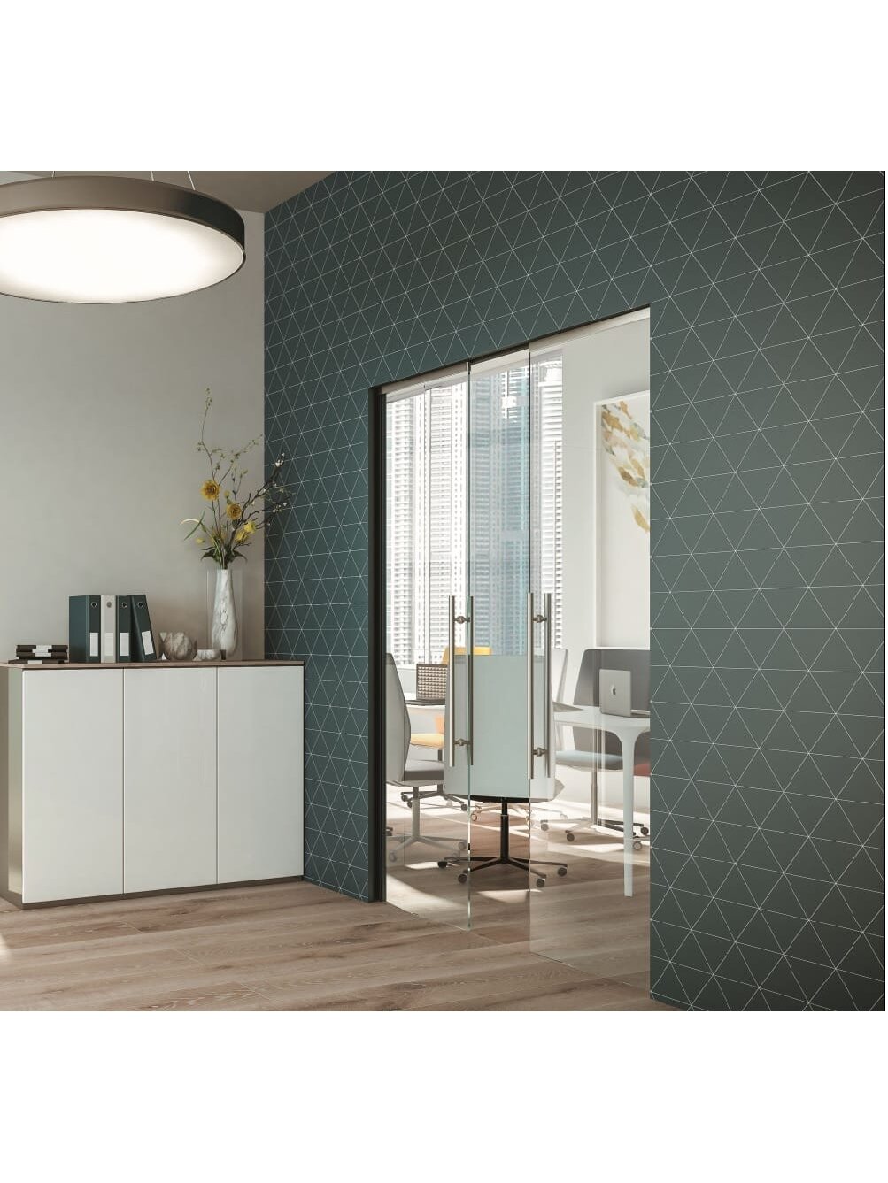 Paslėptų stiklo stumdomų durų be  apvadų sistemos komplektas Essential GOLD DOUBLE GLASS  gipso sienai 2100x1400x100  (gipso profilis 75mm pločio), be stiklo