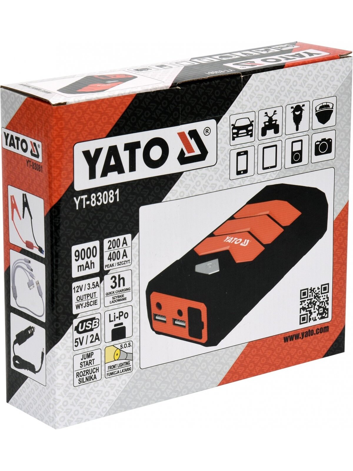 Pakrovėjas-paleidėjas daugiafunkcinis nešiojamas akumuliatorius Powerbank 9000 mAh Li-Po Yato | USB 5V/2A;12V/3.5A; 12V/200A (400A maks.) 2