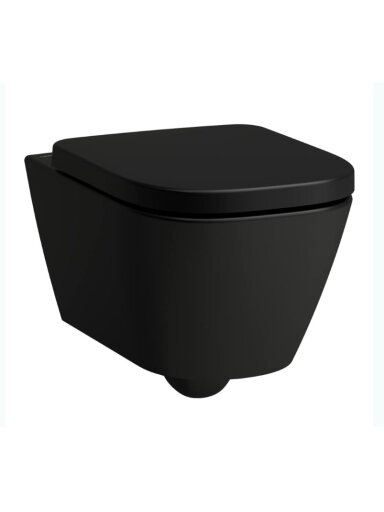 Pakabinamas unitazas, MEDA 54x36, tylus sūkurinis nuplovimas (Silent flush), be apvado (Rimless), juodas matinis