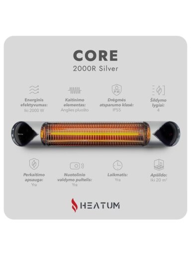 Pastatomas Infraraudonųjų spindulių šildytuvas Heatum H2000R CORE SILVER su trikoju stovu Pastatomas Infraraudonųjų spindulių šildytuvas Heatum H2000R CORE SILVER su trikoju stovu