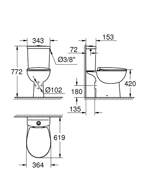 Pastatomas WC puodas Grohe BAU Rimless su bakeliu, dangčiu soft-close, horizontalus išb. 1