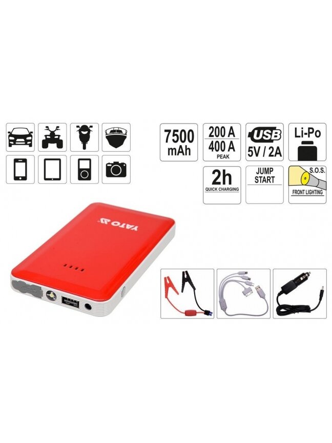 Pakrovėjas-paleidėjas daugiafunkcinis nešiojamas akumuliatorius Powerbank 7500 mAh Li-Po Yato | 5V/2A; 12V/200A (400A maks.)