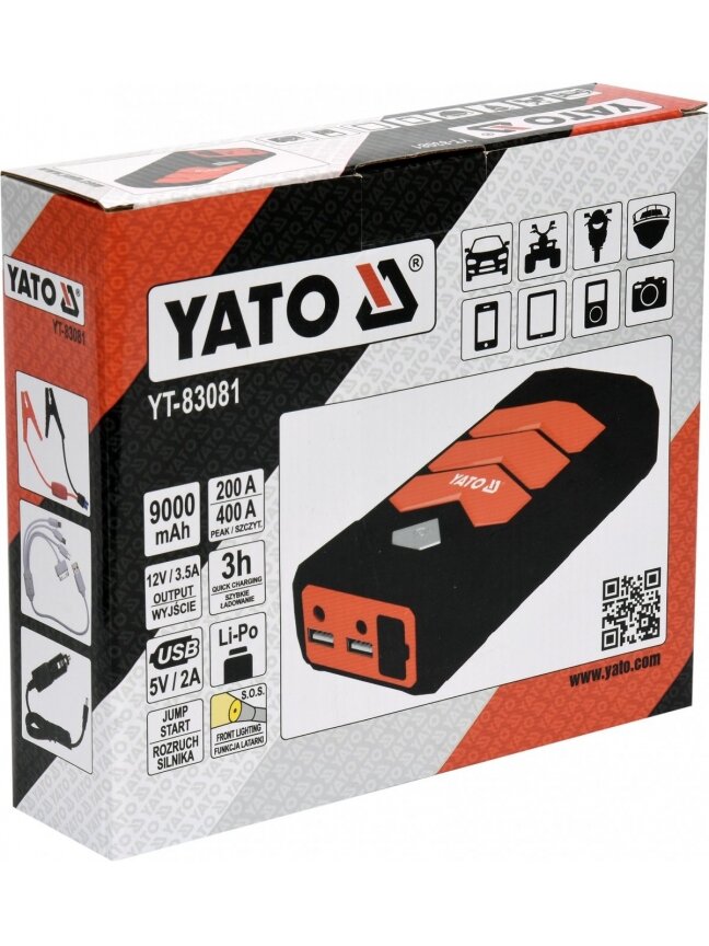 Pakrovėjas-paleidėjas daugiafunkcinis nešiojamas akumuliatorius Powerbank 9000 mAh Li-Po Yato | USB 5V/2A;12V/3.5A; 12V/200A (400A maks.) 2
