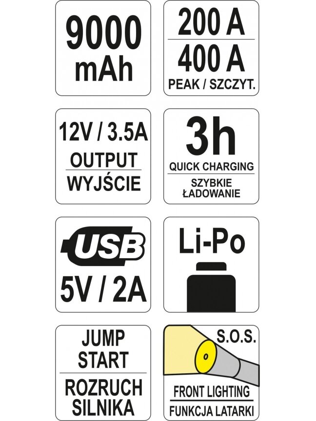 Pakrovėjas-paleidėjas daugiafunkcinis nešiojamas akumuliatorius Powerbank 9000 mAh Li-Po Yato | USB 5V/2A;12V/3.5A; 12V/200A (400A maks.) 5 Pakrovėjas-paleidėjas daugiafunkcinis nešiojamas akumuliatorius Powerbank 9000 mAh Li-Po Yato | USB 5V/2A;12V/3.5A; 12V/200A (400A maks.) 5