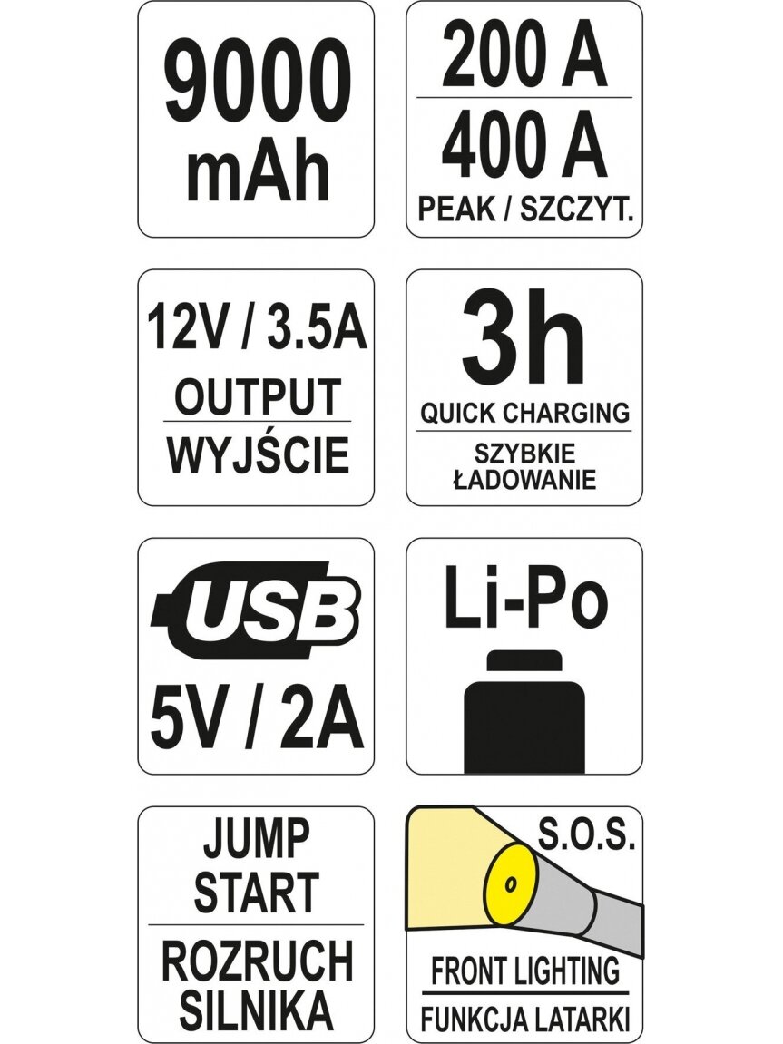 Pakrovėjas-paleidėjas daugiafunkcinis nešiojamas akumuliatorius Powerbank 9000 mAh Li-Po Yato | USB 5V/2A;12V/3.5A; 12V/200A (400A maks.) 5 Pakrovėjas-paleidėjas daugiafunkcinis nešiojamas akumuliatorius Powerbank 9000 mAh Li-Po Yato | USB 5V/2A;12V/3.5A; 12V/200A (400A maks.) 5