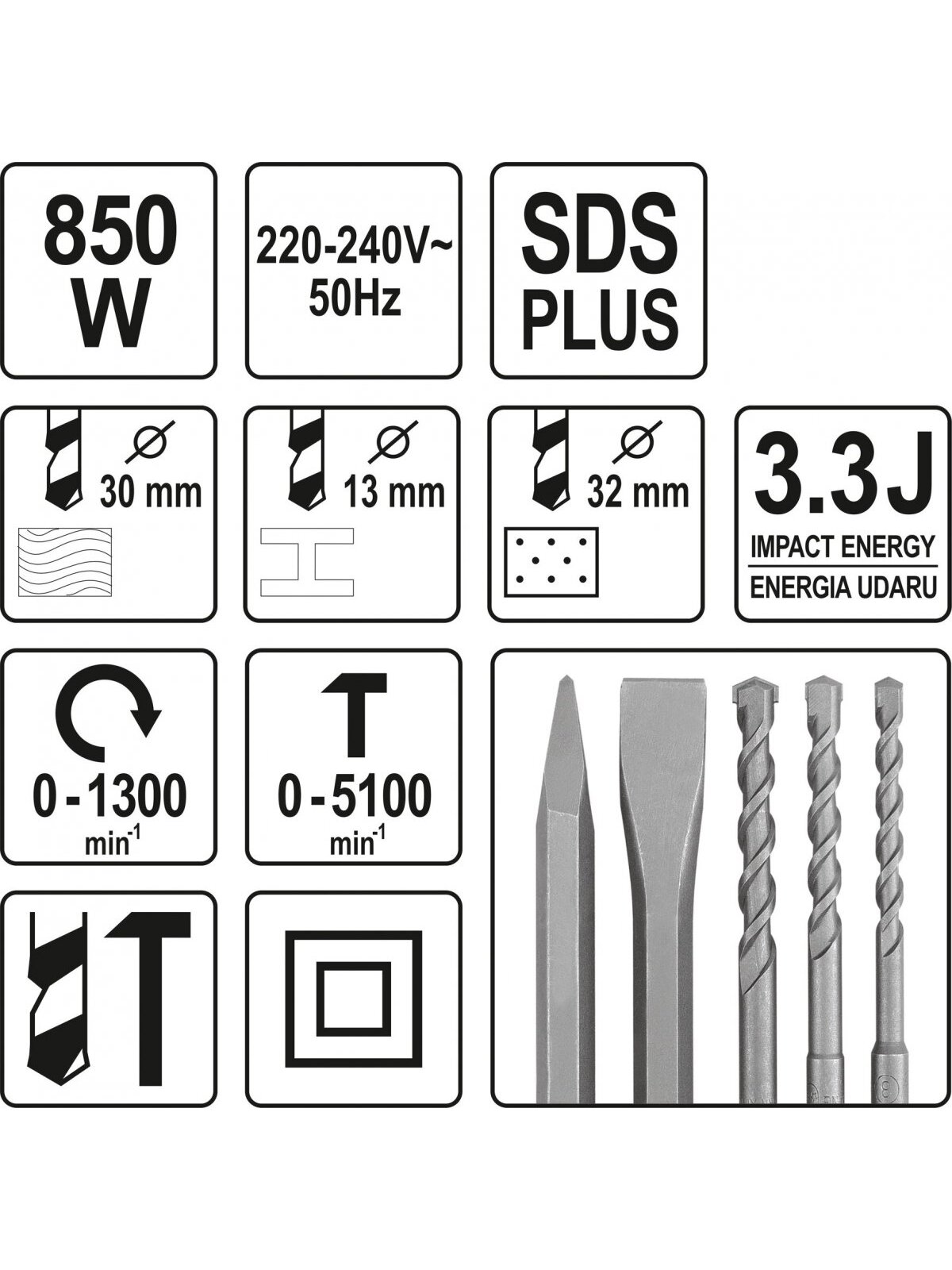 Perforatorius 850W SDS PLUS su keičiama galvute13mm Yato 2 Perforatorius 850W SDS PLUS su keičiama galvute13mm Yato 2