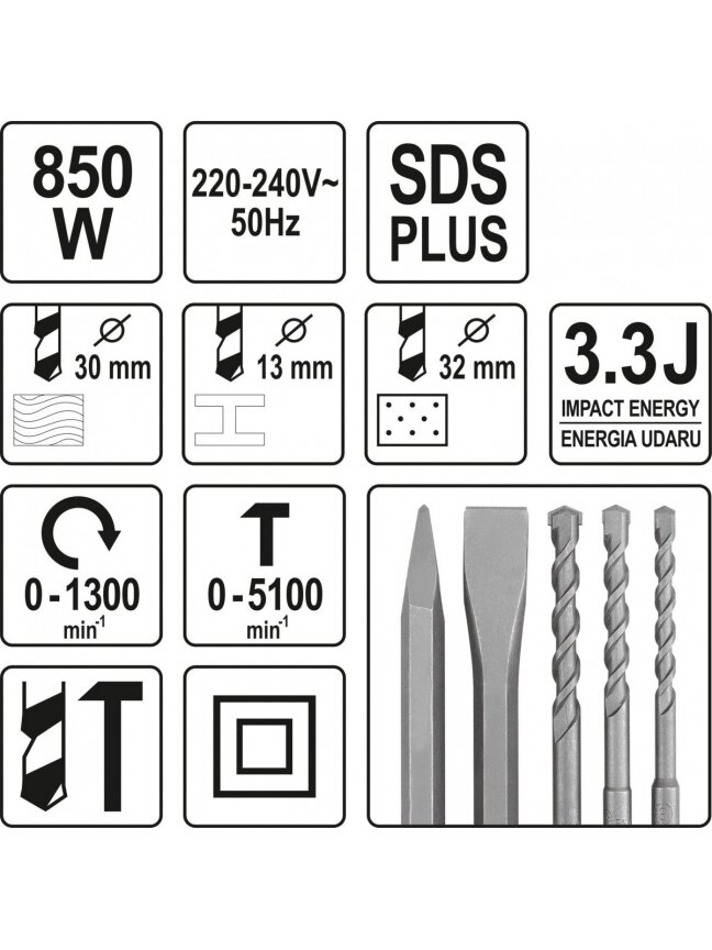 Perforatorius 850W SDS PLUS su keičiama galvute13mm Yato 2 Perforatorius 850W SDS PLUS su keičiama galvute13mm Yato 2