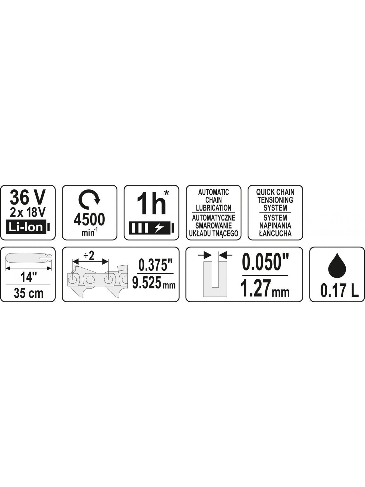 Pjūklas grandininis akumuliatorinis 14" 36V (be akumuliatoriaus) Yato 2